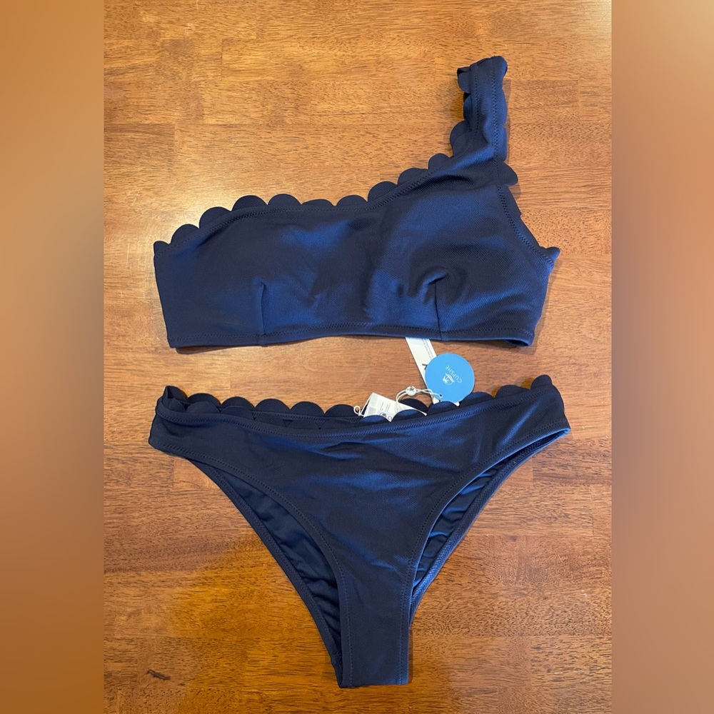 Cupshe Navy Scalloped One Shoulder Bikini NWT L